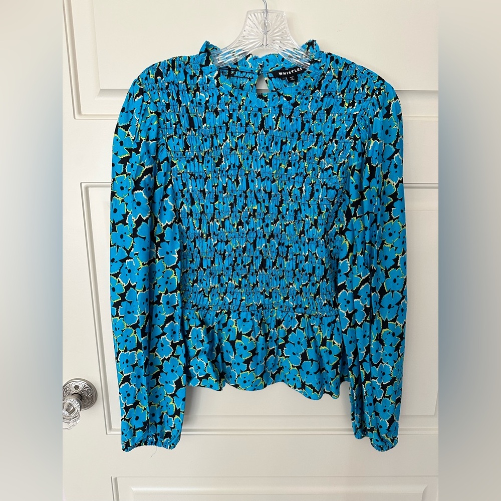 Whistles Blue Floral Smocked Blouse NWOT